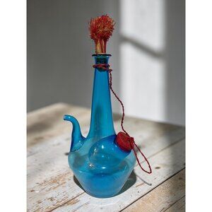 Vintage Turquoise Blue Blown Glass Italian Wine Decanter with Ice Chamber and st